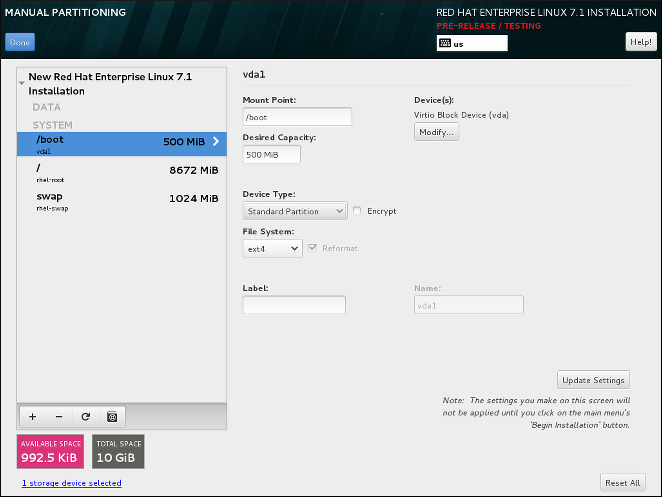 The redesigned Manual Partitioning screen